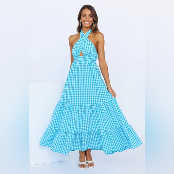 🦋 Hello Molly Blue Gingham Halter Maxi Dress - Picture 1 of 11
